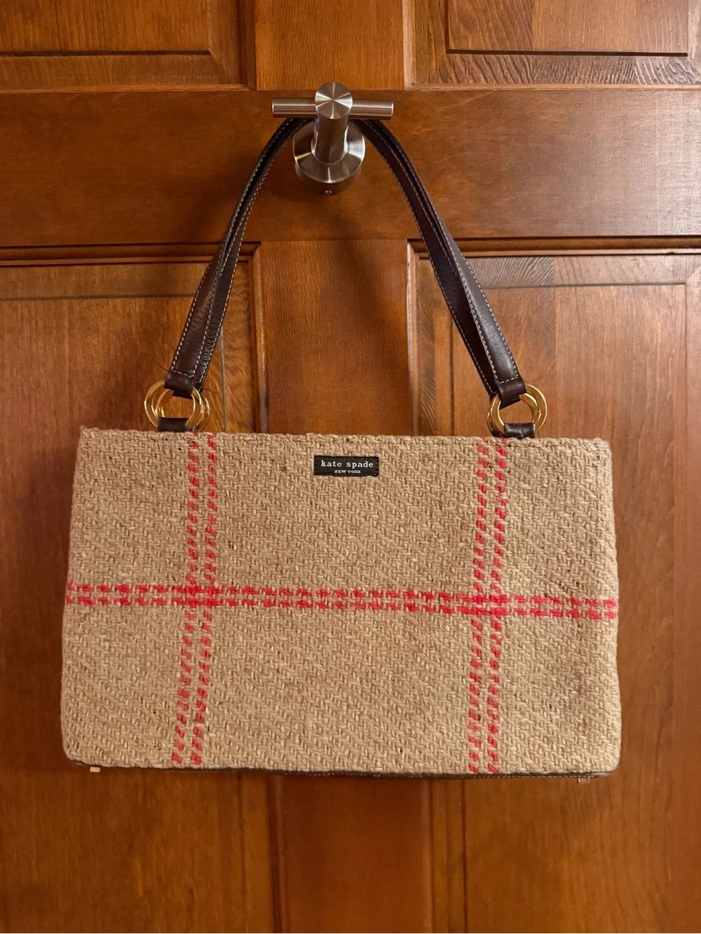 kate spade VINTAGE Made in Italy Beige Tweed Pink Plaid Suede Interior